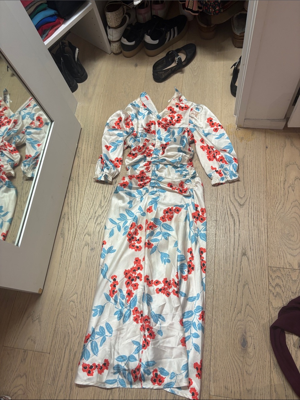 White Maxi Dress with Red Floral & Blue Leaf Print